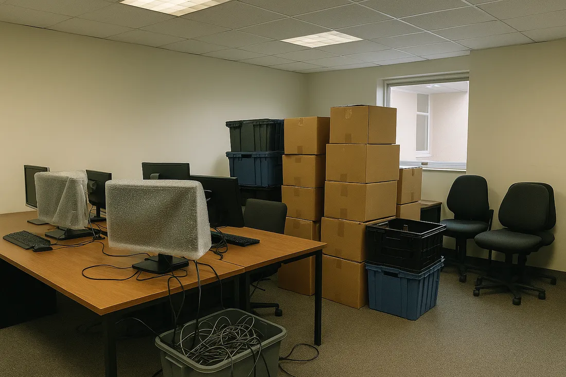 Büroumzug: verpackte Monitore und Kartons an leeren Arbeitsplätzen