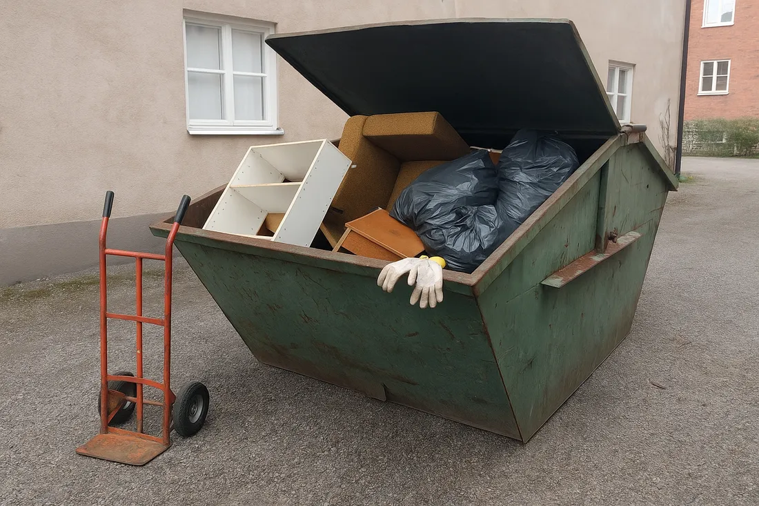 Entrümpelung: Sperrmüll wird in einen Container geladen