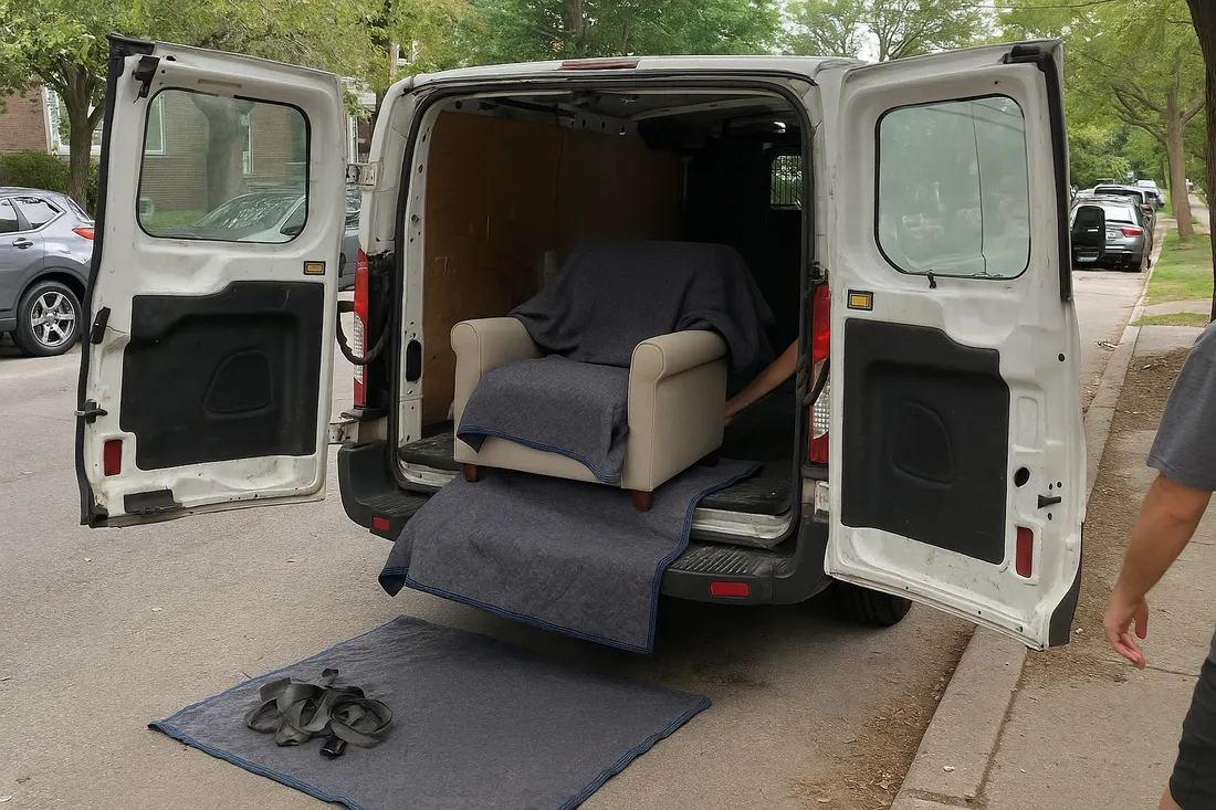 Möbeltaxi: Transporter mit einzelnem Möbelstück wird beladen