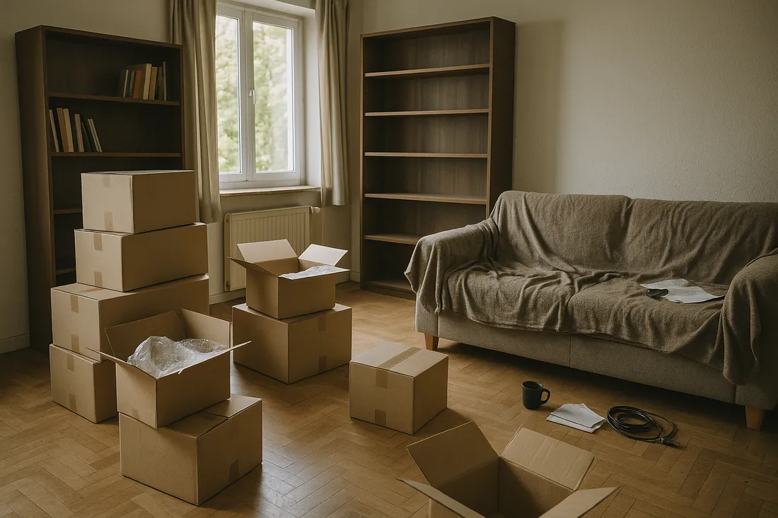 Gepackte Umzugskartons im Wohnzimmer vor einem Privatumzug