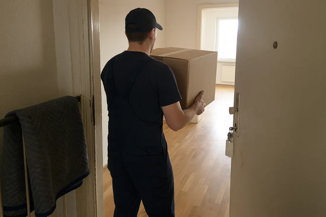 Umzugskarton wird in der neuen Wohnung übergeben