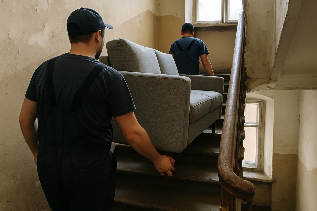 Zwei Umzugshelfer tragen ein Sofa durch ein Altbau-Treppenhaus