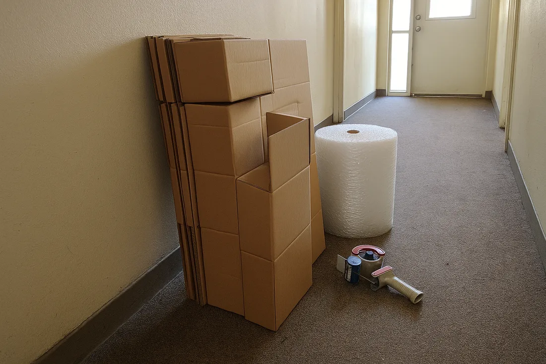 Stapel neuer Umzugskartons mit Packmaterial