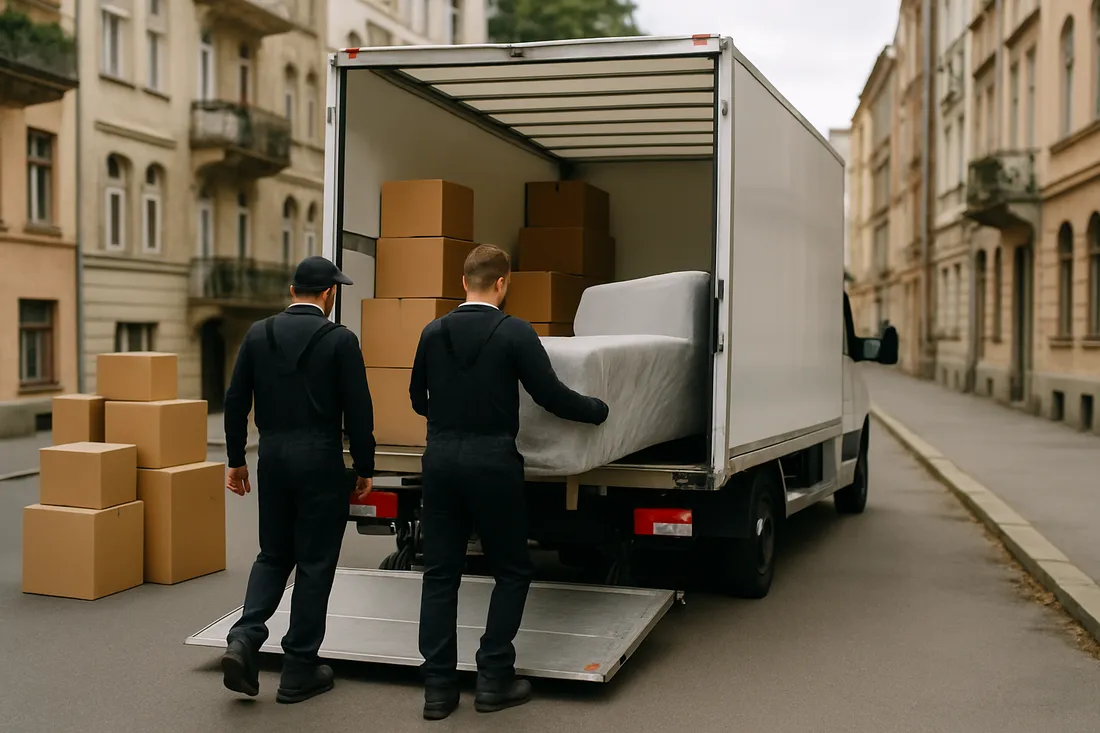 Umzugswagen mit offener Ladebordwand wird mit Umzugskartons beladen